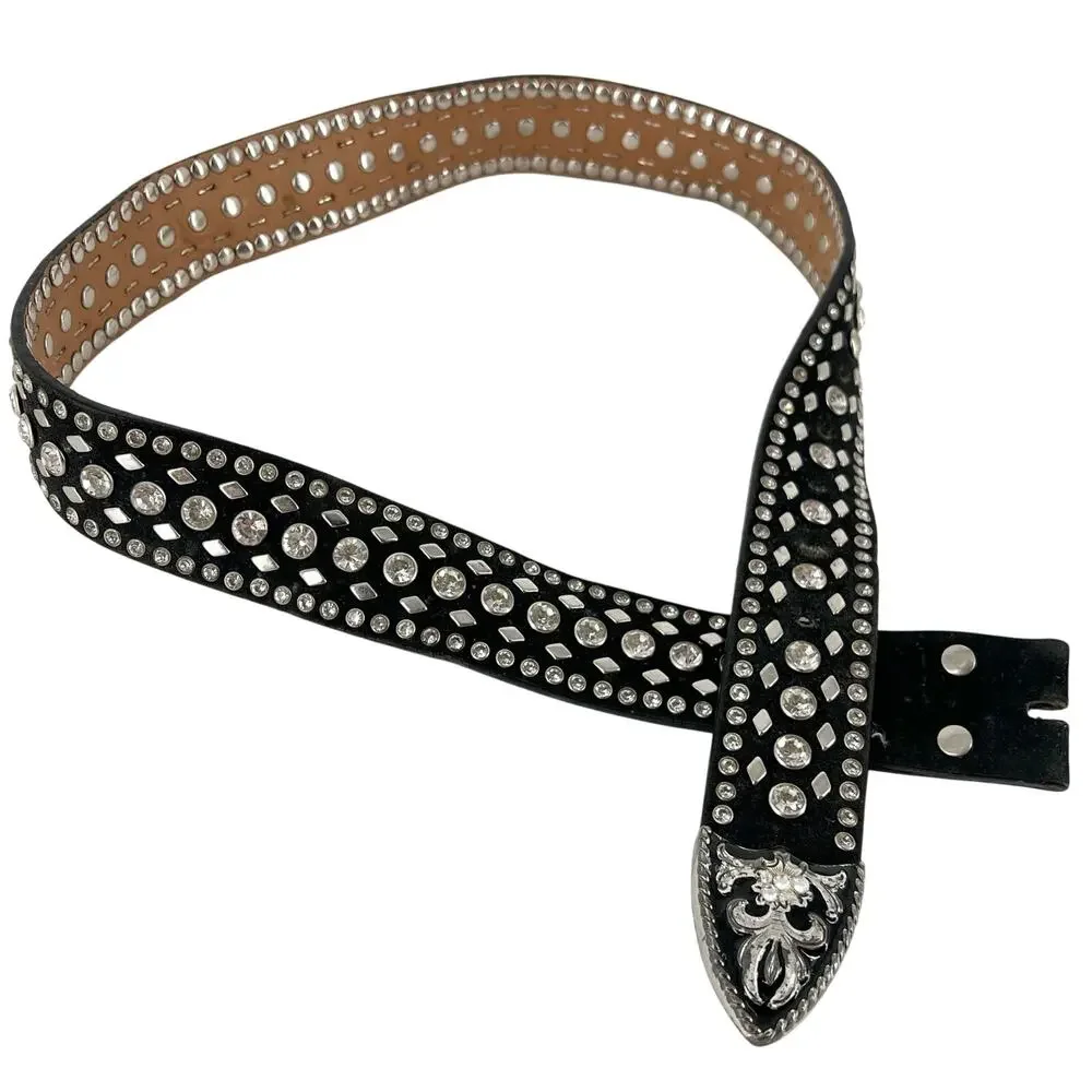 Y2K rhinestone studded black leather belt 2000s vintage